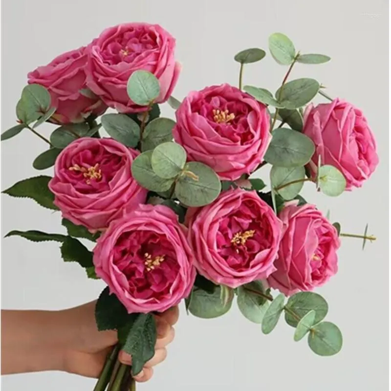 Fleurs décoratives 15PCS Classique Rose Arrangement Eucalyptus Pivoine Latex Revêtement Pétale Violet Fleur Artificielle Bouquet De Mariage Décor Événement -