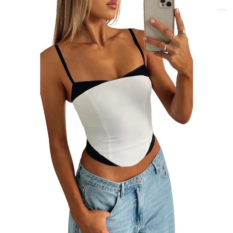 Débardeurs pour femmes Mode féminine Sexy Low Cut Camisole Couleur unie Sans manches Dos nu Crop Top Dentelle T-shirt Filles Été Streetwear