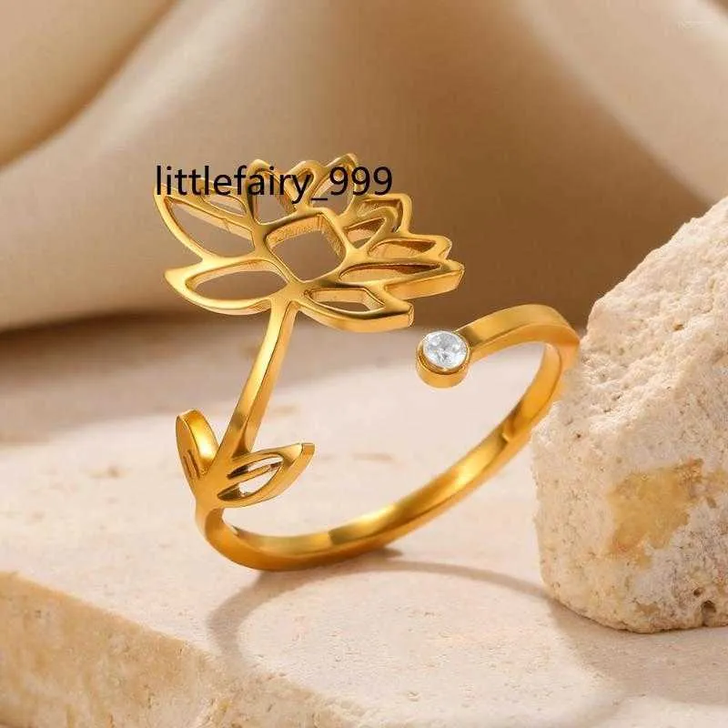 Anéis de casamento zircão lótus anillos aço inoxidável para mulheres cor de ouro zircônia anel de dedo flor joias presentes