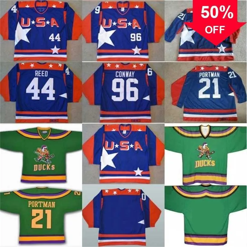 Mag Mit Mighty Ducks D2 Movie Team USA Hockey Jersey 21 Dean Portman 44 Fulton Reed 96 Charlie Conway Camisas masculinas de hóquei no gelo 100% costuradas