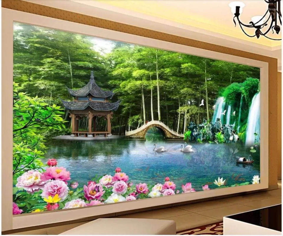 Fonds d'écran Personnalisé Mural Po 3d Papier Peint Bambou Forêt Petit Pont Lac Paysage Salon Peintures Murales Pour 3 D