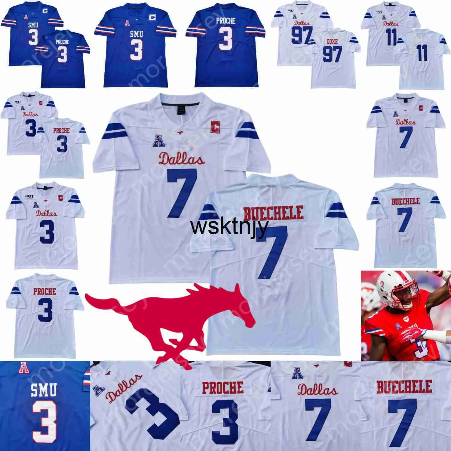 Wsk SMU Mustangs Jersey NCAA Football College James Proche Shane Buechele White Blue Button Down All Stitched Size M-3XL