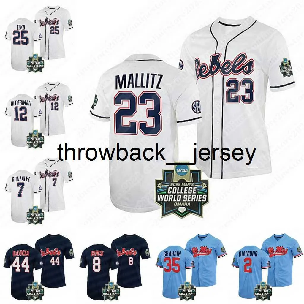 thr Ole Miss Rebels 2022 College World Baseball Jersey Brandon Johnson Tim Elko Dylan Delucia Jacob Gonzalez Kevin Graham Peyton Chatagnier Derek Diamond Maglie