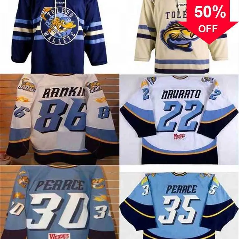 Mag thr Toledo Walleye 22 Naurato 30 Pearce 35 Pearce 86 Evan Rankin 100% haft niestandardowy dowolne nazwisko lub numer męskie damskie hokeja hokeja