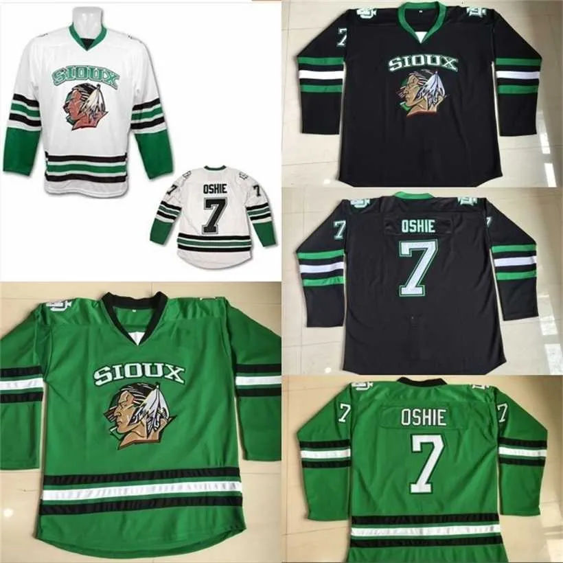 C2604 Mit # 7 TJ Oshie North Dakota Hockey Jersey Uomo 100% ricamo cucito Fighting Sioux DAKOTA College Hockey Maglie Nero Bianco Verde