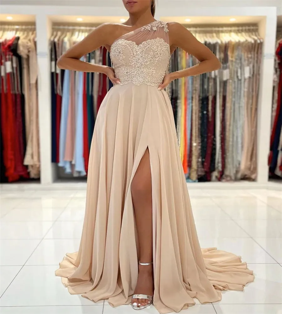 Een-schouder champagne galajurk met split sexy vloer lengte chiffon boho avondjurk kant eenvoudig formeel feest avondjurken 2023 robe de soiree vestido de noche