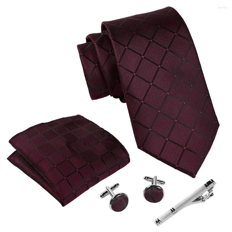 Bow Ties Ikepeibao Classic Wine Checked Plaid Men Vintage stroptiesets met Hankie Metal Cufflinks en Clip Set St. Valentijnsdagwerk