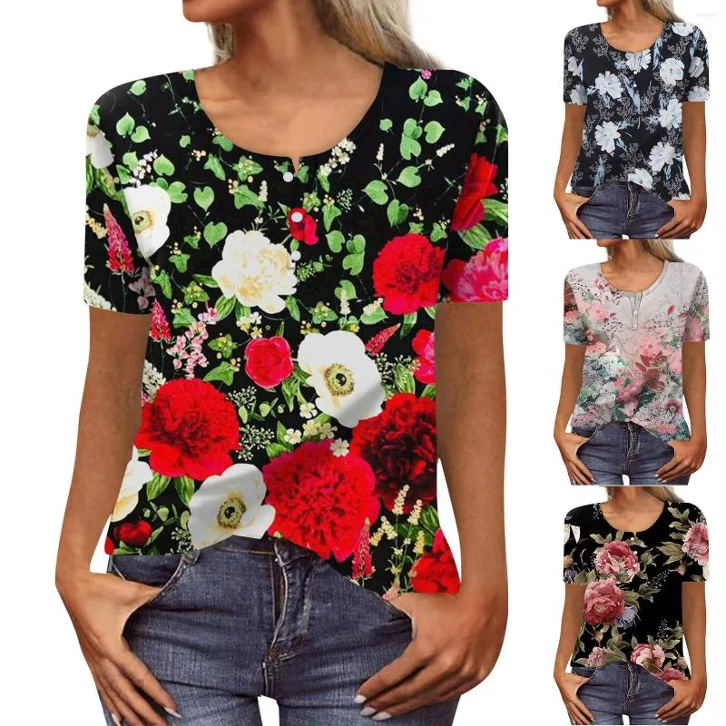 Women's T Shirts Women's Button V-Neck Fashion Print Short Sleeve Retro T-Shirt Top Casual Tops Oversized Tshirts Roupas Para Mulheres