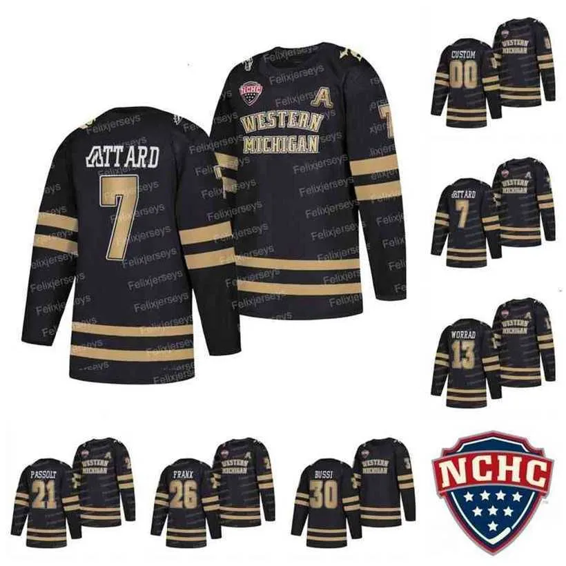 C2604 Thr West Michigan Broncos Black College Hockey Jersey 2022 NCHC 7 Ronnie Attard 13 Drew Worrad 21 Josh Passolt 26 Ethen Frank 30 Brandon Bussi