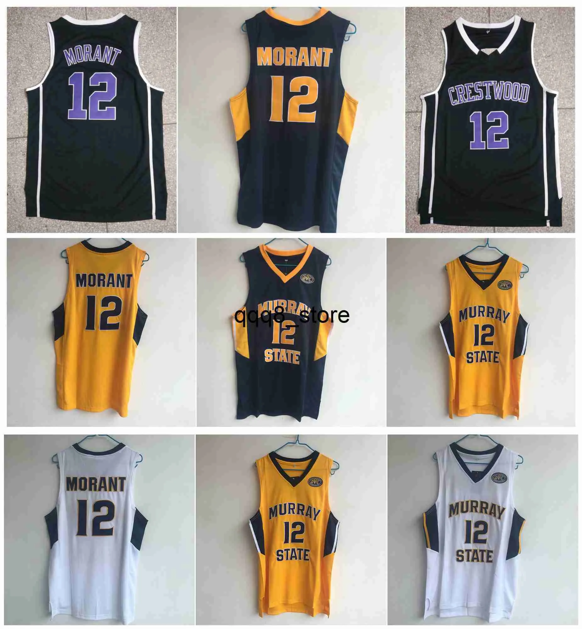 QQQ8 Ja Morant Jersey Donanma Elite Murray Eyalet Yarışçıları NCAA Koleji Basketbol Formaları Crestwood Lisesi Şövalyeleri Siyah Beyaz Blue Blue Sarı Boyut S-XXL