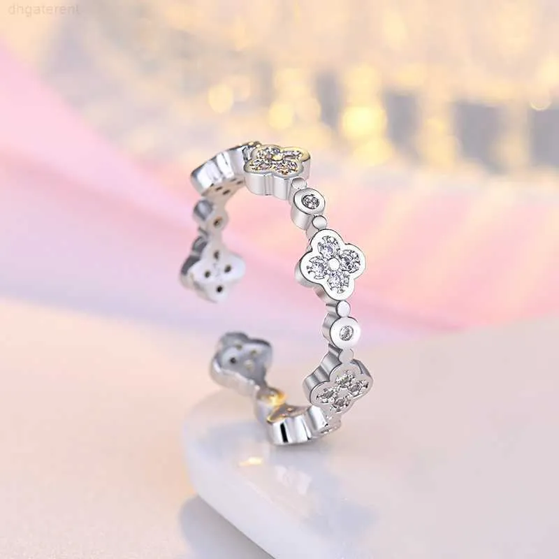 Nieuwe Mode Mooie Clover Band Ringen voor Vrouwen Rose Goud Zilver Crystal Open Ring Sieraden