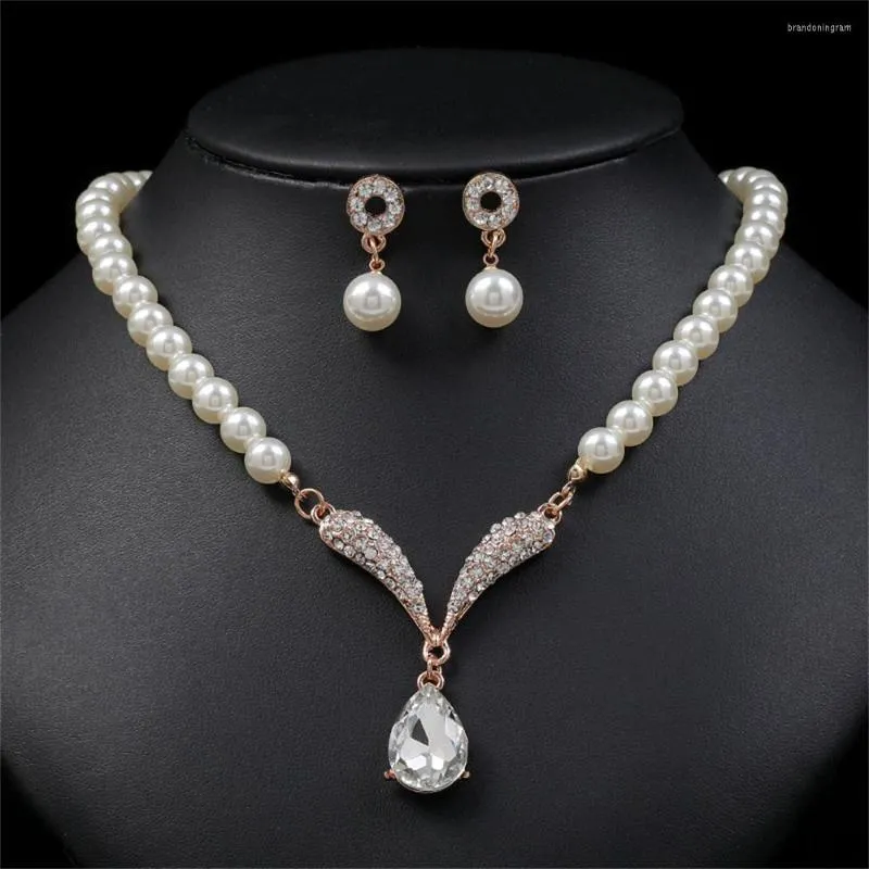 Necklace Earrings Set Charm White Pearl Crystal Gem Drop Dangle Earring Wedding Jewelry Woman's Elegant Bridal Banquet Gift Accessories