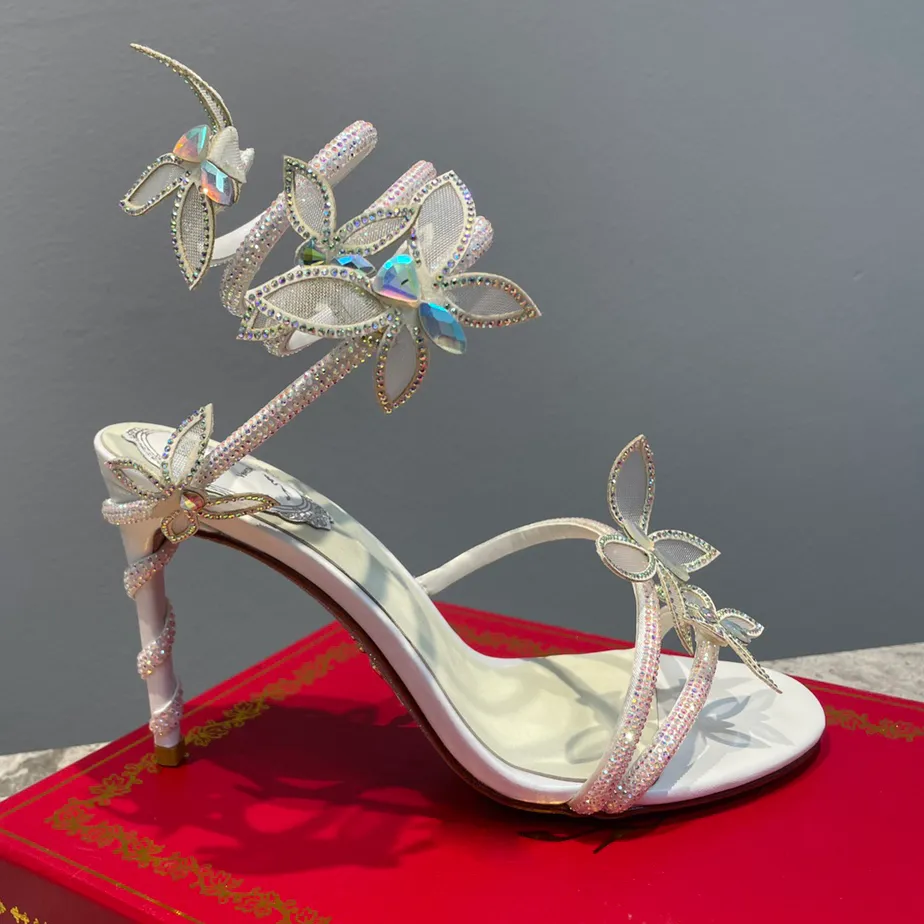 Rene Caovilla Sandals Designer Shoes Flower Serpentine 9.5cmの高さのかかと狭いバンドシューズクリスタルラインストーンスティレットヒールスリッパ女性ローマデザイナーサンダル