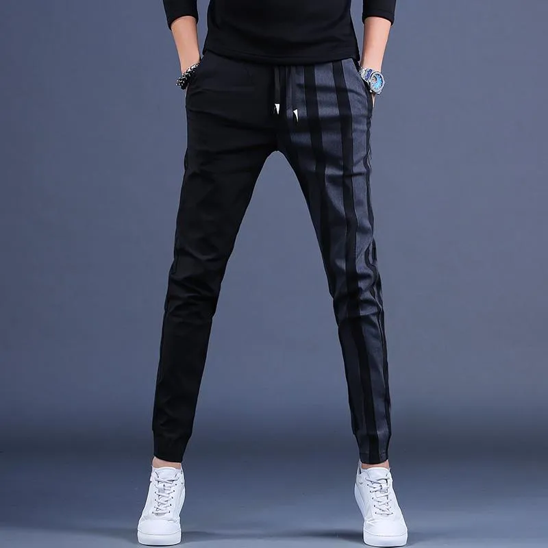 Pants Fashion Stripe Casual Pants Joggers Men Black Slim Fit Elastic Midje Drawstring Trousers