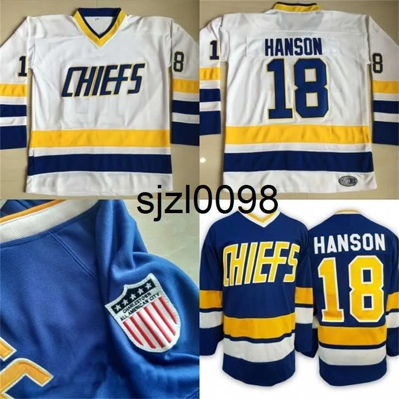 Sj98 # 18 Jeff Hanson Charlestown Jersey Hombre Hanson Brother Slap Shot 100% Bordado cosido Película Hockey Jerseys Azul Blanco