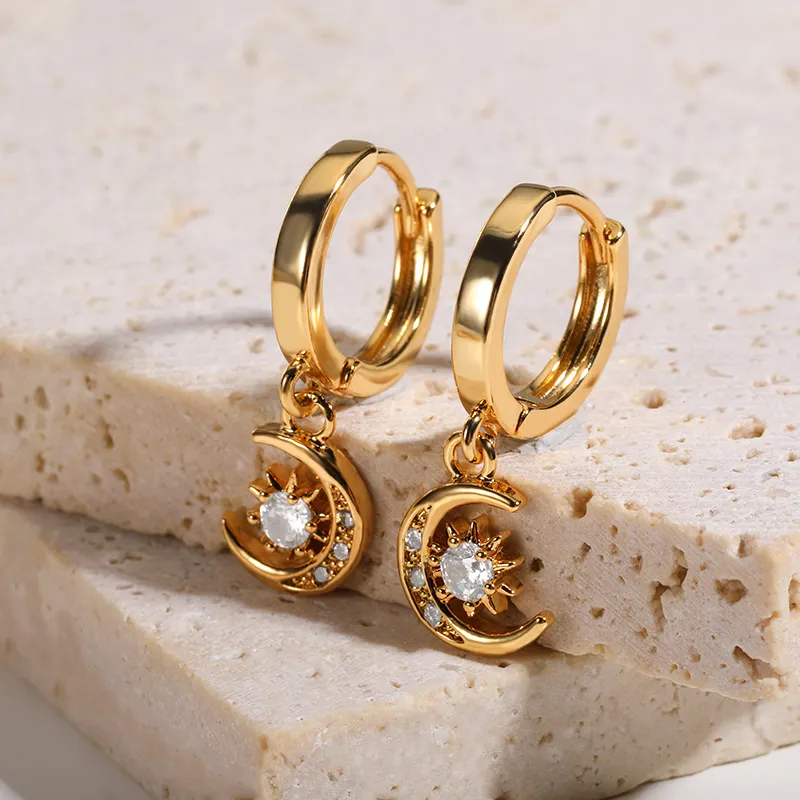 Zircon Stainless Steel Hoop Earrings Shining Star Moon Earrings For Women Wedding Jewelry Gift Fashion Pendants