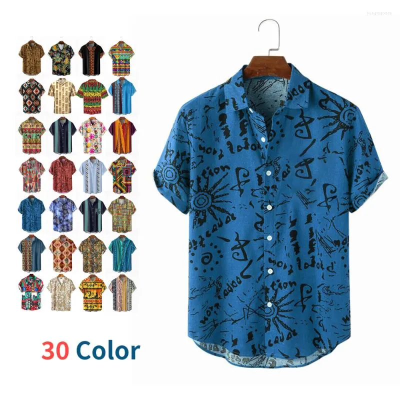 Camisas casuais masculinas 2023 verão plus size size masculino de camisa havaiana design de padrões étnicos de lapela Button Classic Fashion Trend Short