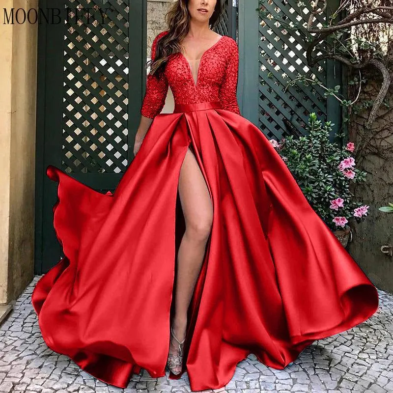 Robe 2022 femmes élégantes fête de mariage robes longues dame paillettes Satin Sexy col en V jupe longue queue automne couleur unie robe de soirée