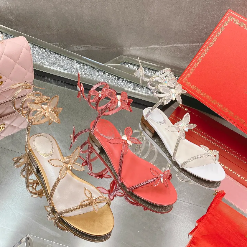 Blomma platt klack sandaler rene caovilla ormformad lindning med bara fötter sko designers kristall strass stiletto klack tofflor 35-43 kvinnor Rom Sandal