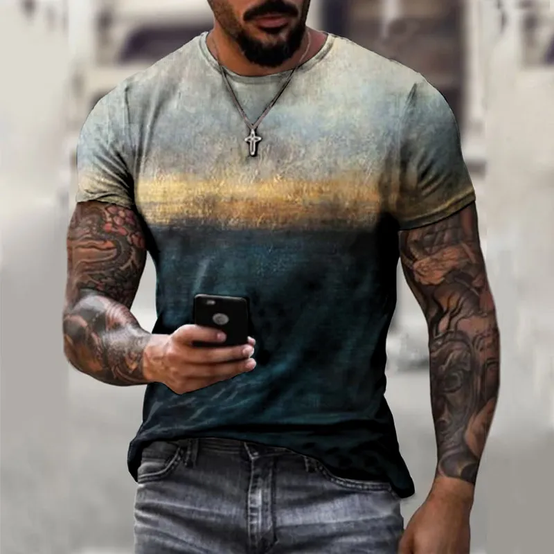 Camisetas Vintage para hombre, camiseta de gran tamaño de manga corta con cuello redondo a la moda con estampado de rayas de colores con personalidad, transpirable