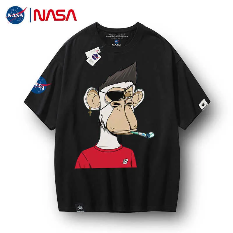 Camiseta de designer NASA co-branded chato ape camiseta marca de moda masculina e feminina NFT curi bayc cabeça de macaco mesmo casal solto manga curta Vendas de fábrica