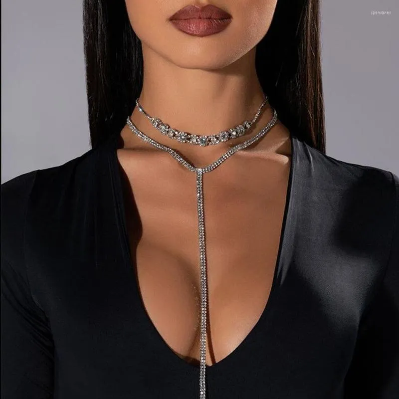 Ketten Luxus Doppelschicht Halskette Schmuck Für Frauen Strass Y Form Lange Quaste Choker Körperkette Kristall Party Kleid Zubehör