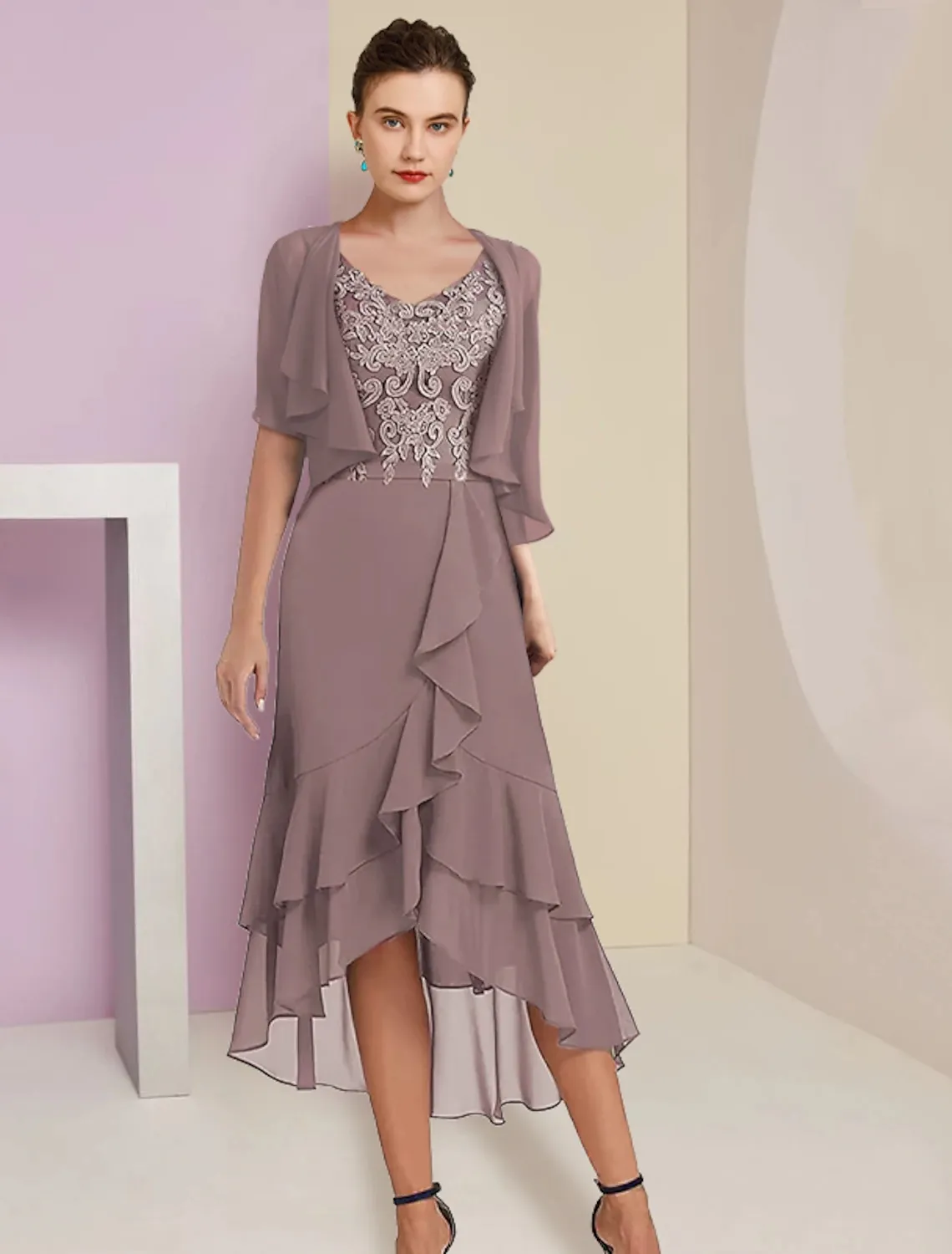 form fitting mother of the bride dresses Fitted Scoop 3/4 Sleeves Two Tone Lace Applique Floral Mother of the Bride Dress QM3364 US2 / Ink Blue main image 0