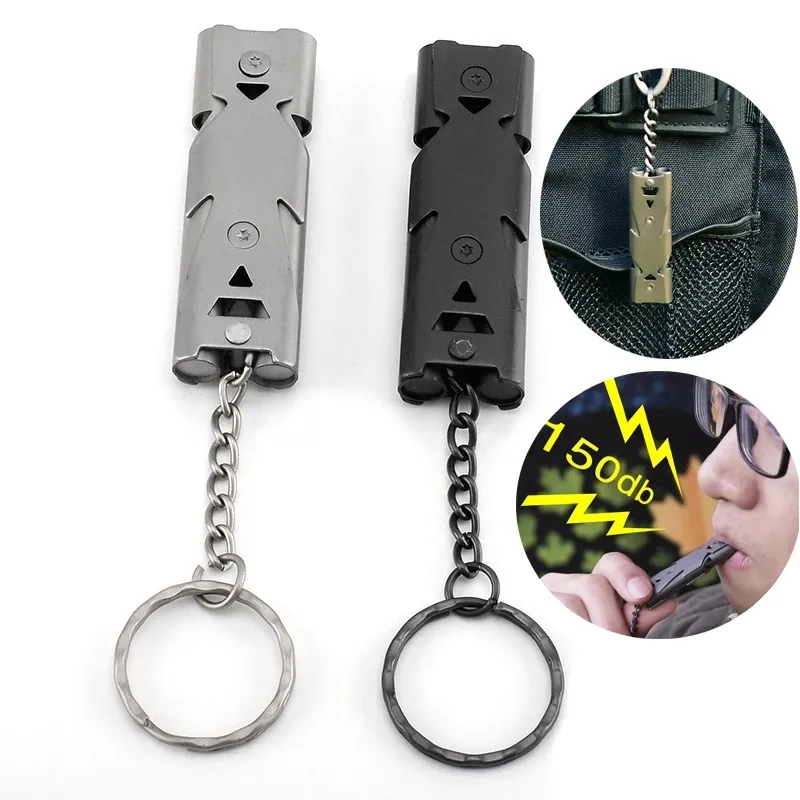 Party Favor Outdoor EDC Survival Whistle High Decibel Double Pipe Whistle Stainless Steel Alloy Sleutelhanger Cheerleading Emergency Multi Tool