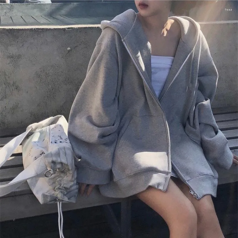 Vrouwen Hoodies DAYIFUN Zip Up Hoodie Vrouwen Plain Koreaanse Mode Eenvoudige Sweatshirt Zakken Big Size Baggy Effen Trekkoord Tops