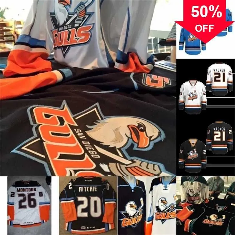 Mag A3740 San Diego Gulls Jersey 21 Wagner 4 Thompson 20 Ritchie 5 Pettersson 15 Sorensen 19 Hults Abbott Ahl Hockey Jerseys Orange Black