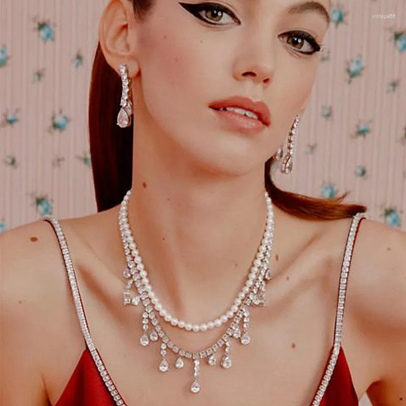 Choker Freetry Vintage Doublelayer Pearl Crystal Necklace For Women Elegant Rhinestone Waterdrop Necklaces Party Jewelry