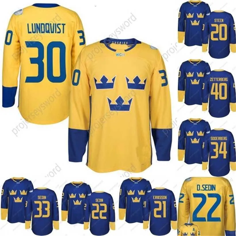 C2604 Mit 2016 Coupe du Monde Équipe Suède Maillots de Hockey Lundqvist Markstrom Ekman Larsson Sedin Eriksson Steen Backstrom Silfverberg Maillots de Hockey Personnalisés