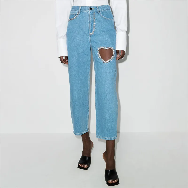 Jeans de mujer Verano lavado de algodón de mujer cintura alta en forma de corazón ahueca hacia fuera con incrustaciones de diamantes jeans de nueve puntos y2k moda pantalones de pierna recta 230603