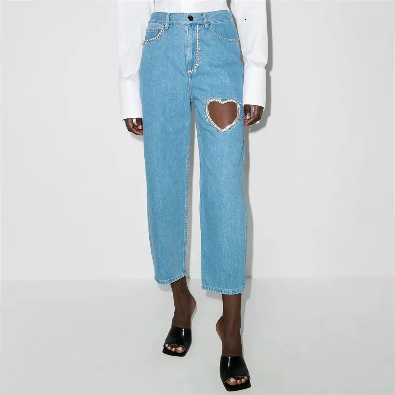 Women's Jeans Summer women's cotton wash high waist heart-shapedhollow out diamond-encrustednine-point jeans y2k fashionstraight leg pants 230603