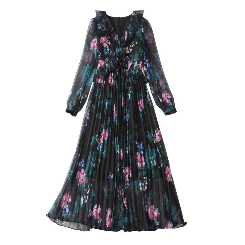 Summer Black Floral Print Ruffle Dress Long Sleeve V-Neck Pleated Midi Casual Dresses A3A101512