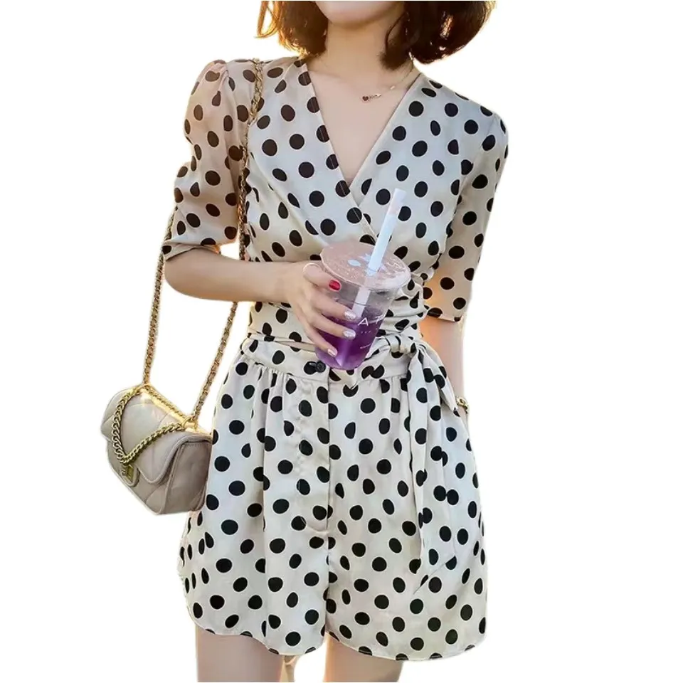 Women's polka dots dotted short sleeve v-neck sashes top and shorts twinset 2 pc pants suit SMLXL