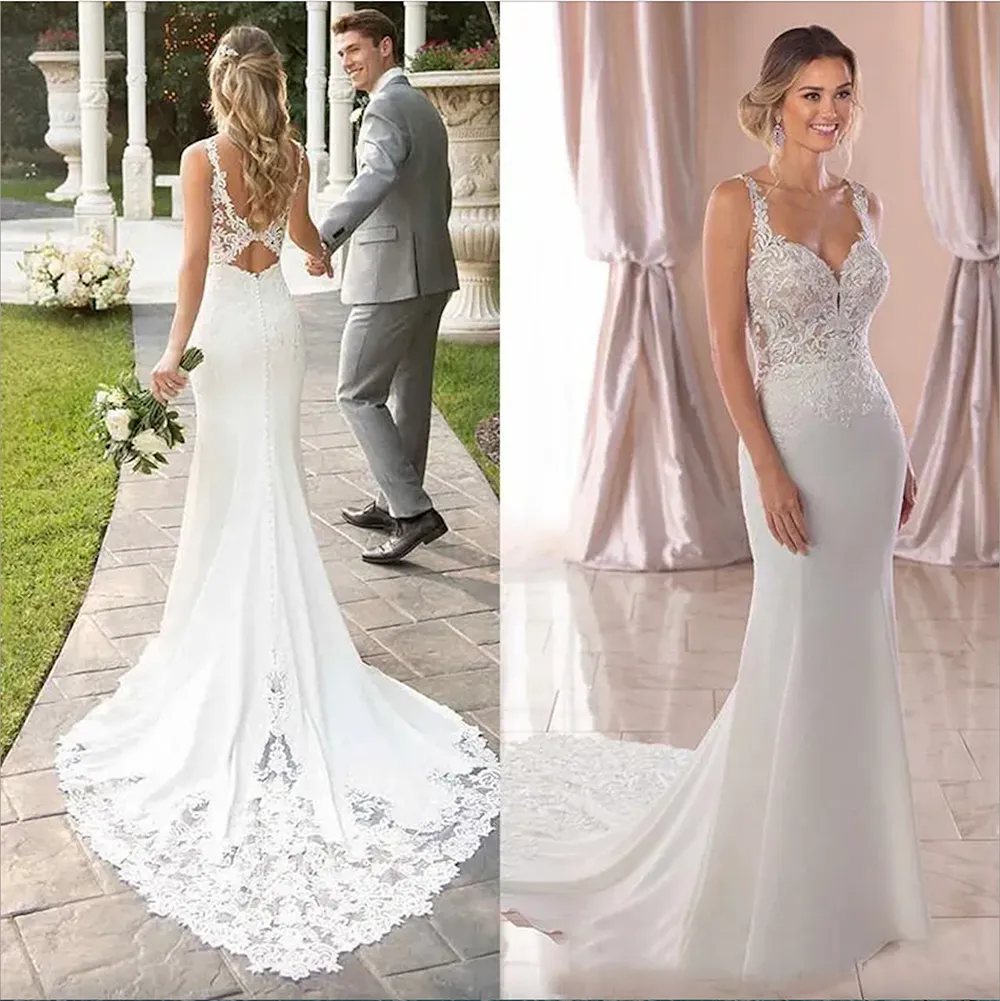 2023 Abiti da sposa da spiaggia Abito da sposa senza spalline Mermaid Applique in pizzo Sweep Train Backless Custom Made Vestido de novia