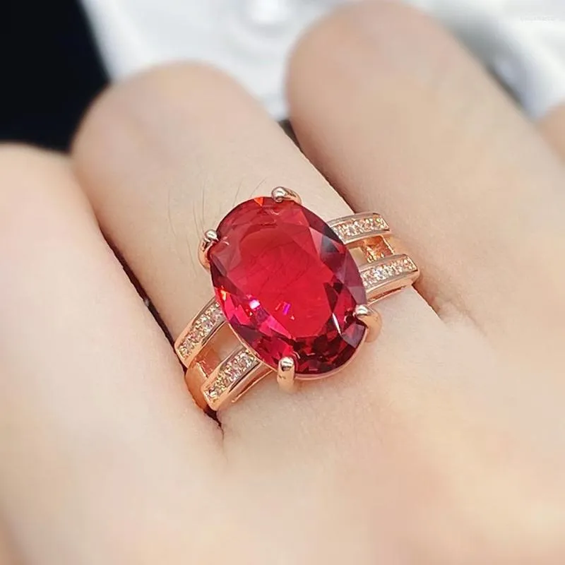 Cluster Rings 2 Layer Oval Red Crystal Ruby Gemstones Diamonds For Women 18k Rose Gold Filled Jewelry Bijoux Gifts Band Trendy Accessory