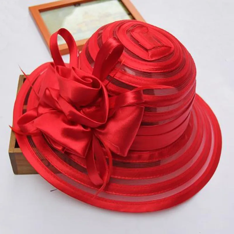 Cappelli a tesa avara Moda Donna Estate Organza Cappelli da sole a tesa larga con cappello Fedora a fiore grande Cappello elegante da donna per feste in chiesa da sposa 230603