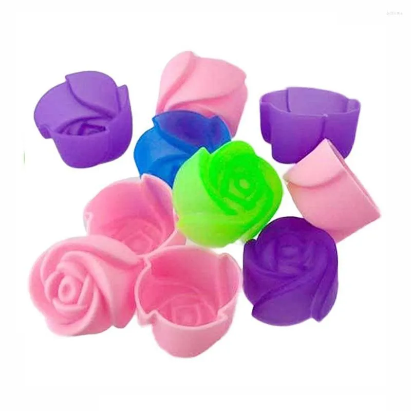 Formas de cozimento 10 pçs Molde para bolo Molde para fazer geleia de chocolate Silicone Rose Muffin Cookie Cup (cores aleatórias)