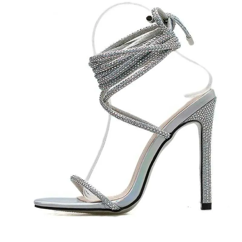 NXY Sandals Silver Crystal Rhinestone Sexy Women Summer Ankle Lace-up Open Toe Thin High Heel Wedding Dress Shoes 230511