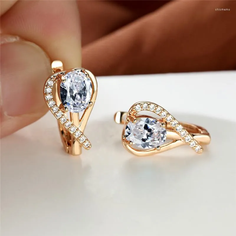 Hoop Earrings Luxury Female White Oval Zircon Multicolor Crystal Love Heart Champagne Gold Color For Women