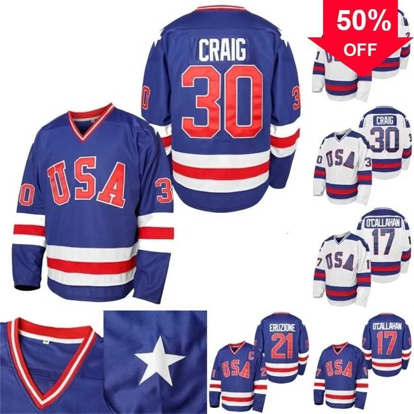 Mag Mit Mens 1980 ABD Mucizesi Buz Hokeyi Jersey #17 Jack O'Callahan #21 Mike Eruzione #30 Jim Craig Hokey Formaları S-XXXL Stok mavisi beyaz