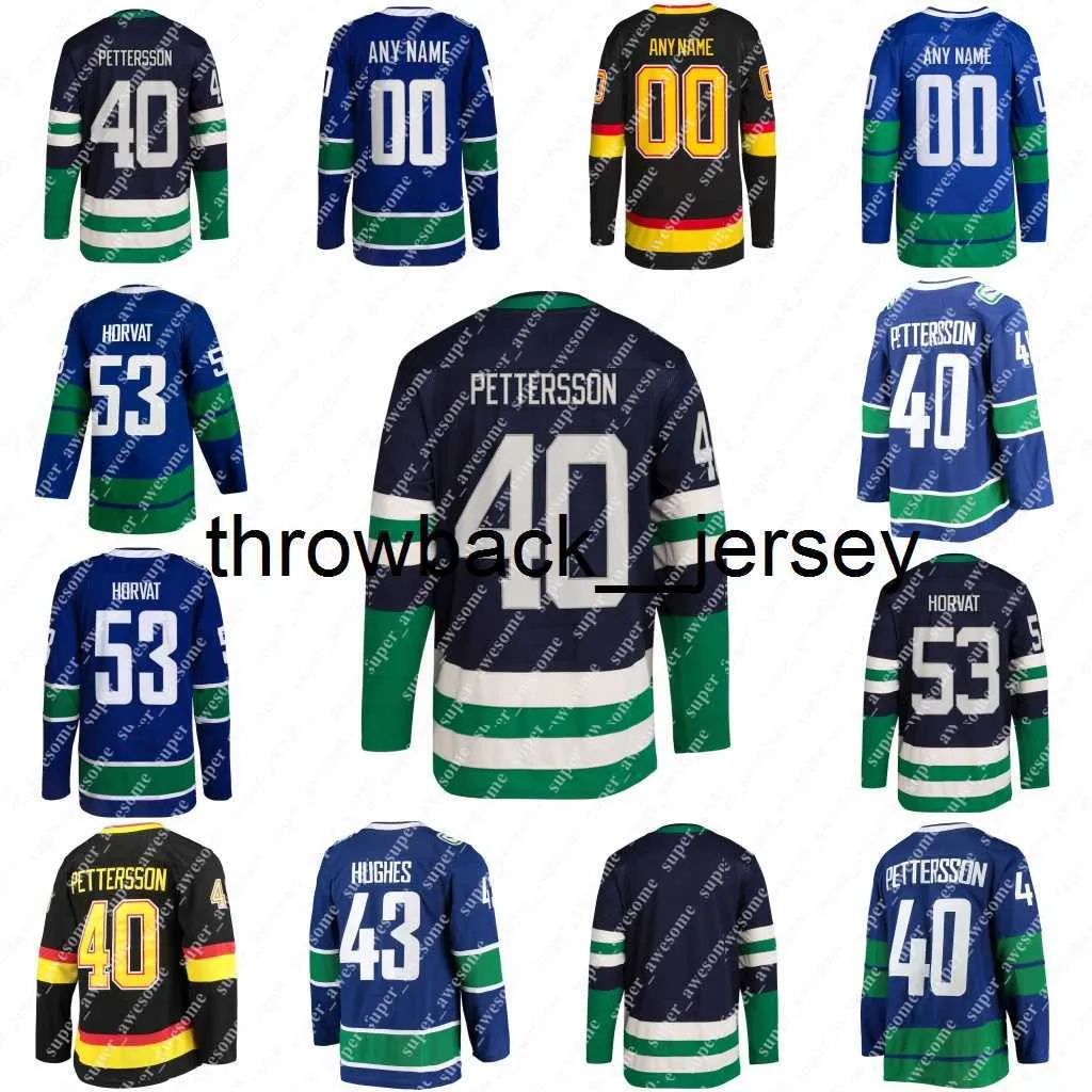 Thr 43 Quinn Hughes Jersey 40 Elias Pettersson 53 Bo Horvat 6 Brock Boeser 10 Pavel Bure Navy Hockey Jerseys Black Blue Stitched