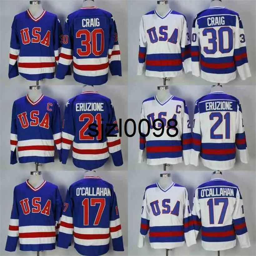 SJ98 30 Jim Craig 21 Mike Eruzione 17 Jack O'Callahan 1980 USA Hockey Jersey Movie Jerseys Stitched Fast