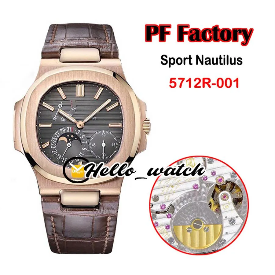 Nieuwe PFF 40mm Sport 5712R-001 5712 Mechanische Hand Winding Heren Horloge Maanfase Power Reserve Grijze Wijzerplaat Rose Goud Bruin Leer he305k