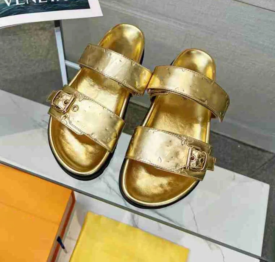 Women Designer Bom Dia Flat Comfort Mule Slippers 2 Strap Leather Slides Adjustment Gold Buckle Paseo Summer Beach Sandals Size 35-41