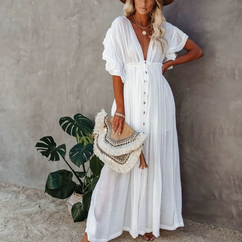 تغطية للسيدات طويلة ملابس تونك أبيض طويل غير رسمي عطلة الصيف فستان الشاطئ امرأة بالإضافة إلى حجم التستر على الفساتين للنساء