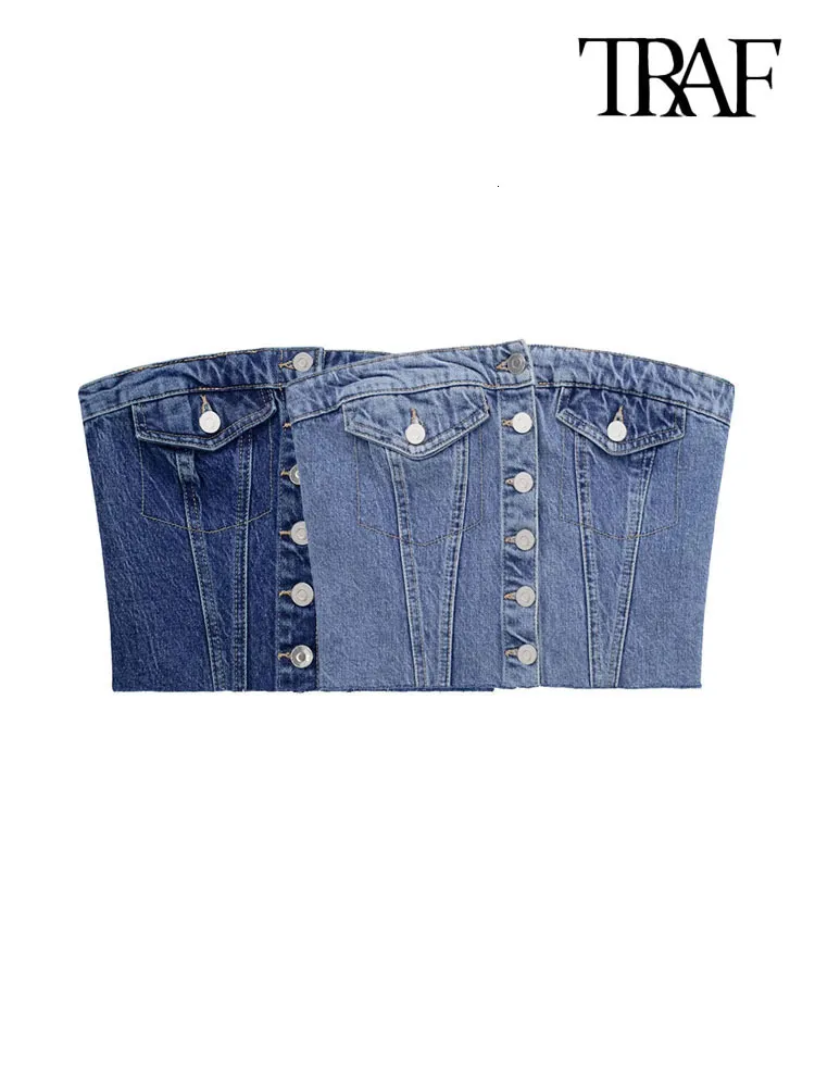 Tanques femininos Camis TRAF Moda feminina sem alças Denim Crop Bustier Tank Tops Vintage Decote reto nas costas Elástico Feminino Camis Mujer 230603