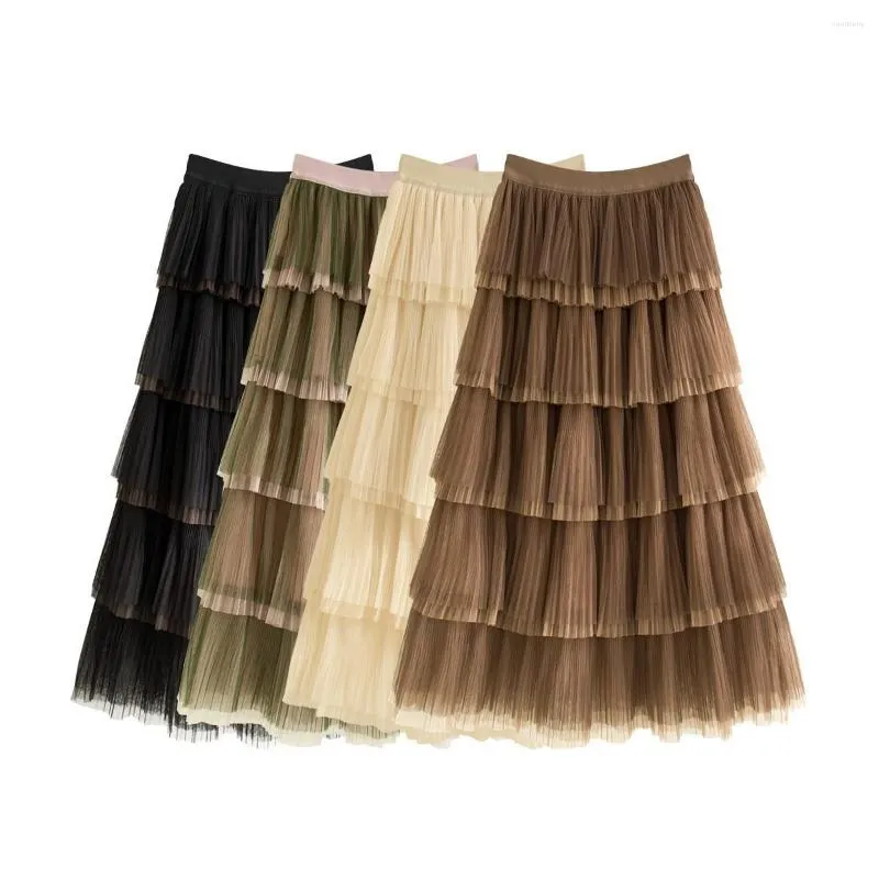 Jupes élégante robe de bal maille plissée femmes été 2023 mode coréenne taille haute Strechy longue Tulle couches gâteau jupe évasée